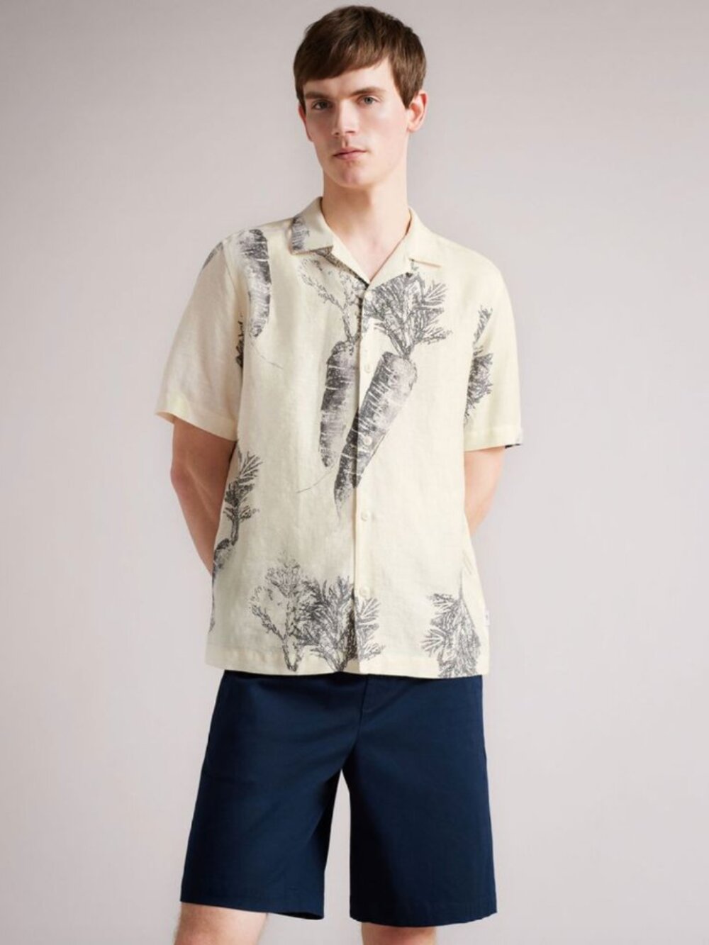 TED BAKER | Lenon Off White Carrot-Print Linen Button Down Shirt | Medium